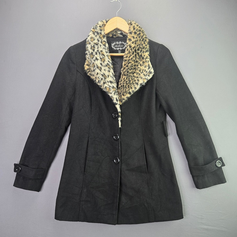 Ambiance Wool Blend Pea Coat S Black Leopard Faux Fur Collar Button Up Jacket